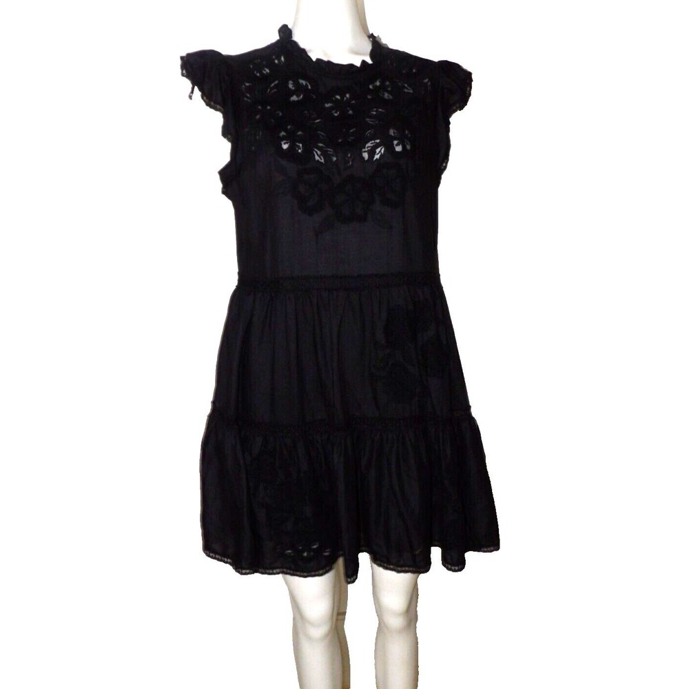 Veronica Beard Black Sahara Ramie Dress Size 8 Appliques and Lace Keyhole Back